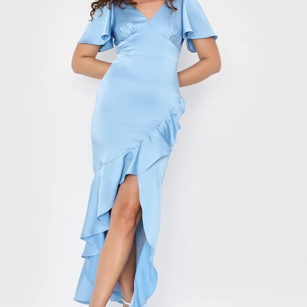 Eternal Bond Light Blue Satin Ruffled Flutter Sleeve Maxi Dress